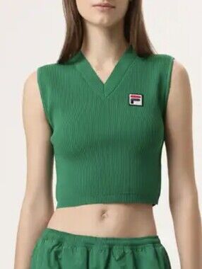 ​FILA x Hailey Bieber V-Neck Ribbed Knit Sweater Vest Crop Top Green Small